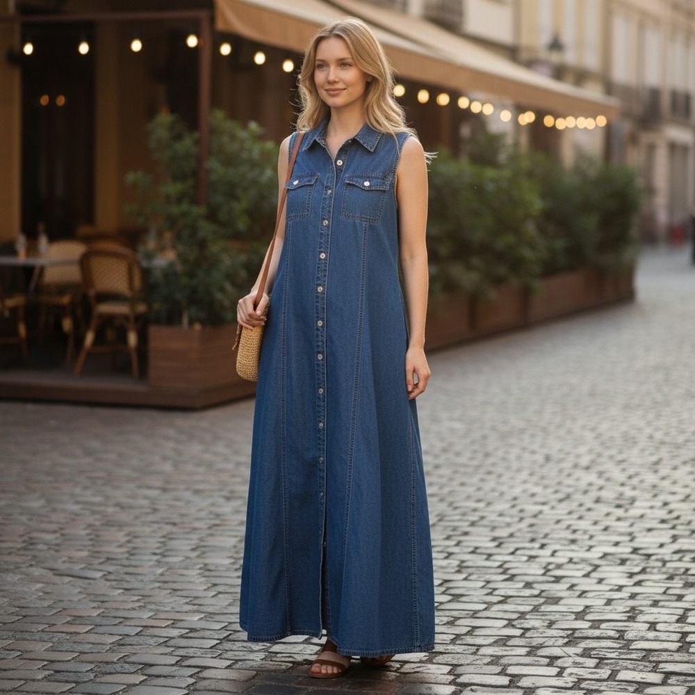Kiko-mo Denim Maxi Dress Women M Blue Vintage Jean